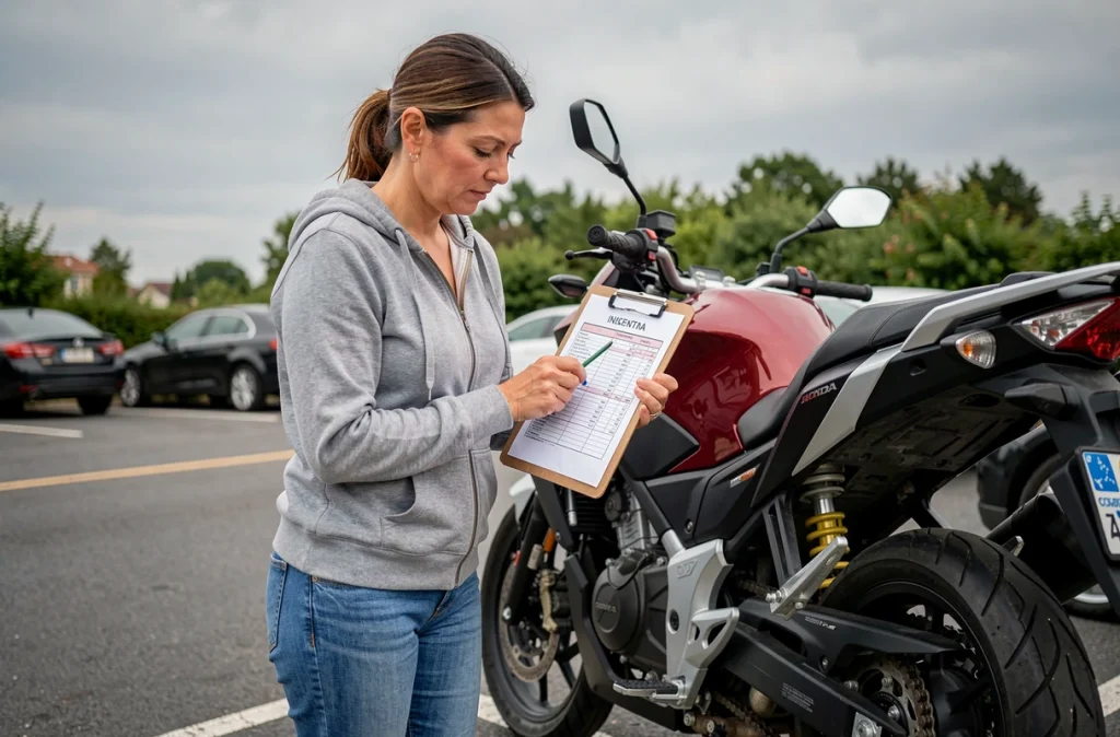 Femme vérifiant la chaîne et le pignon d'une Honda CB 500X d'occasion avec une check-list lors d'un achat moto