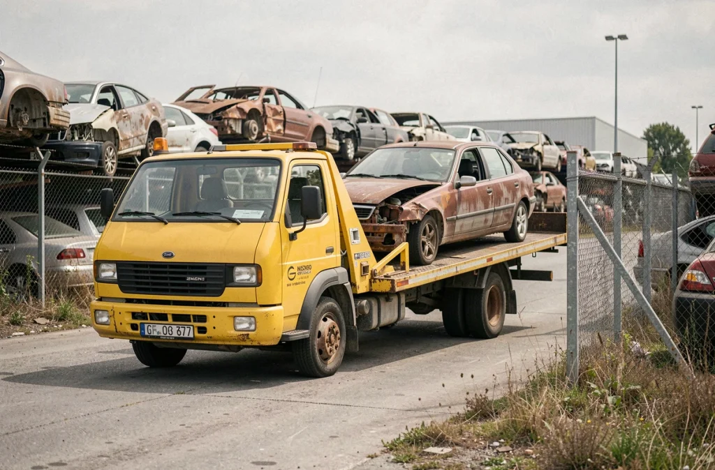 Chargement d'une épave sur un camion plateau lors d'une opération d'enlèvement de véhicule hors d'usage en Essonne
