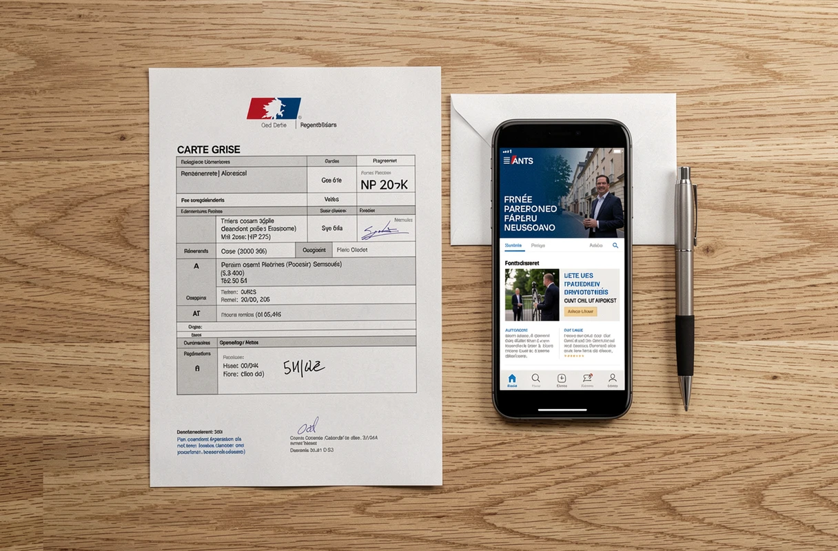 Vue du dessus d'une carte grise et d'un smartphone affichant le site ANTS pour un changement d'adresse