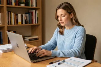 Femme effectuant un changement d'adresse sur carte grise en ligne depuis son bureau à domicile