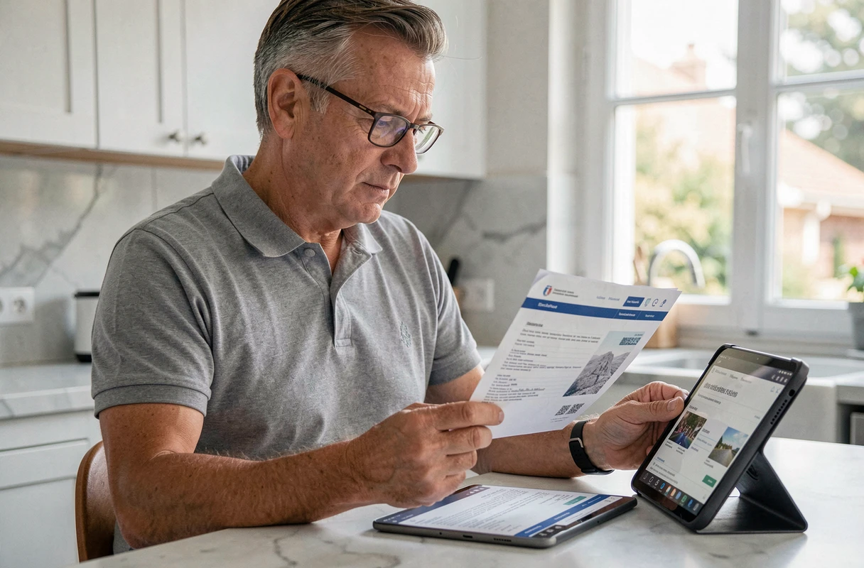Homme consultant sa carte grise papier tout en effectuant son changement d'adresse sur tablette