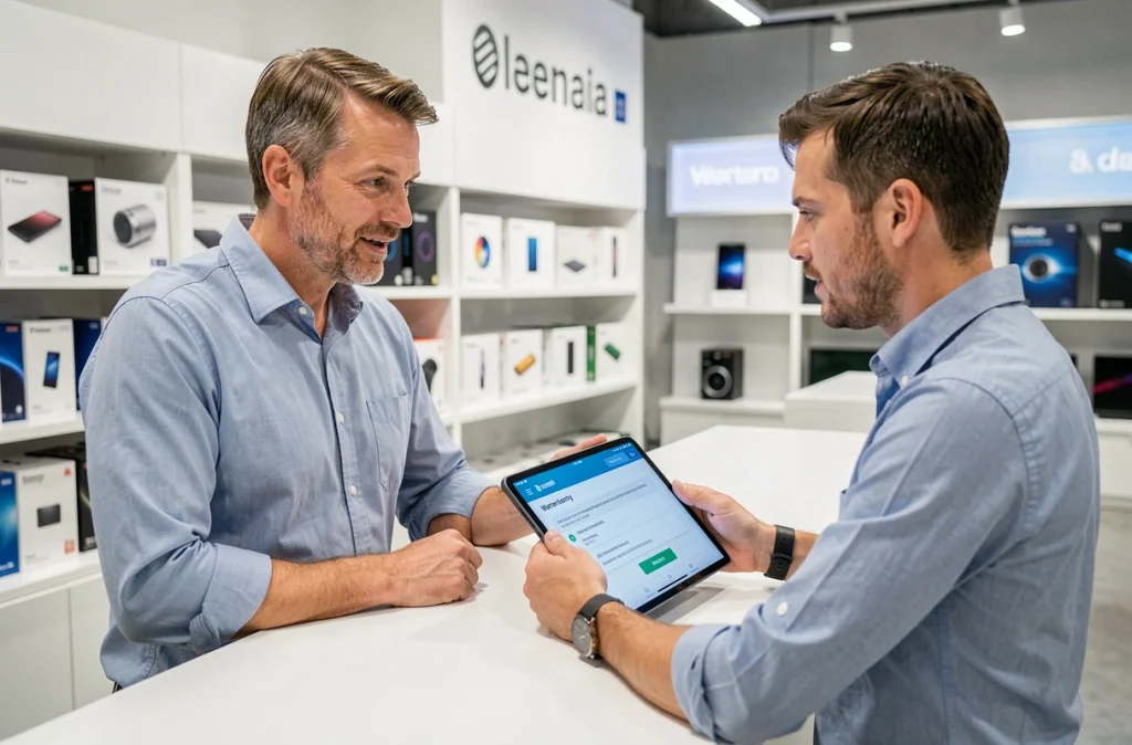 Client en discussion avec un conseiller en magasin pour faire valoir sa garantie sur un appareil technologique