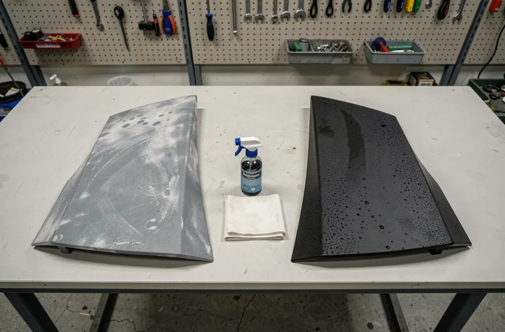 Comparaison avant-après de garnitures plastiques extérieures de voiture traitées avec un rénovateur hydrophobe sur un établi d'atelier