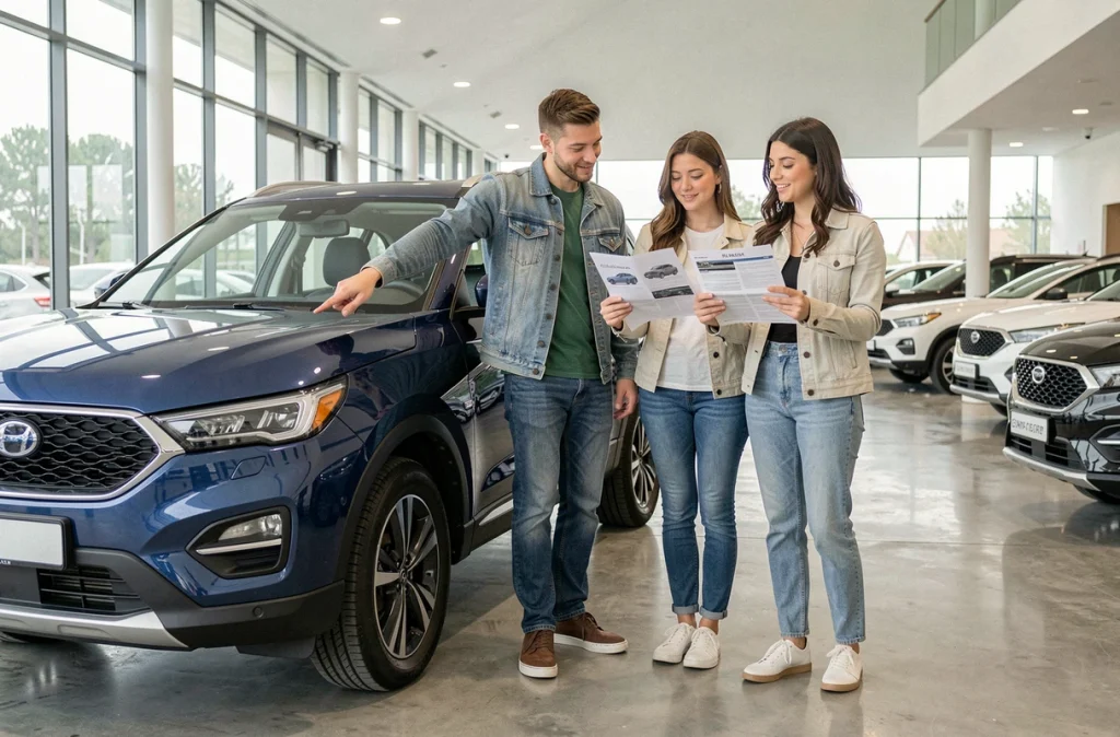 Couple en train de comparer des modèles de voitures dans un showroom automobile grâce à une liste imprimée