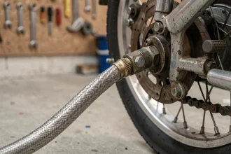 Durite Avia tressée en acier inoxydable montée sur le système de freinage d'une moto ancienne des années 1970