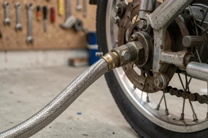 Durite Avia tressée en acier inoxydable montée sur le système de freinage d'une moto ancienne des années 1970