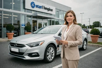 Femme tenant des documents d'assurance auto provisoire devant une voiture neuve chez un concessionnaire
