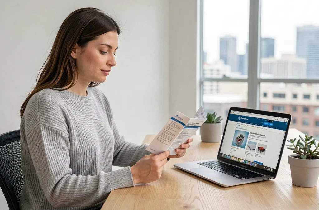 Femme consultant la documentation de garantie d'un produit tech à son bureau à domicile