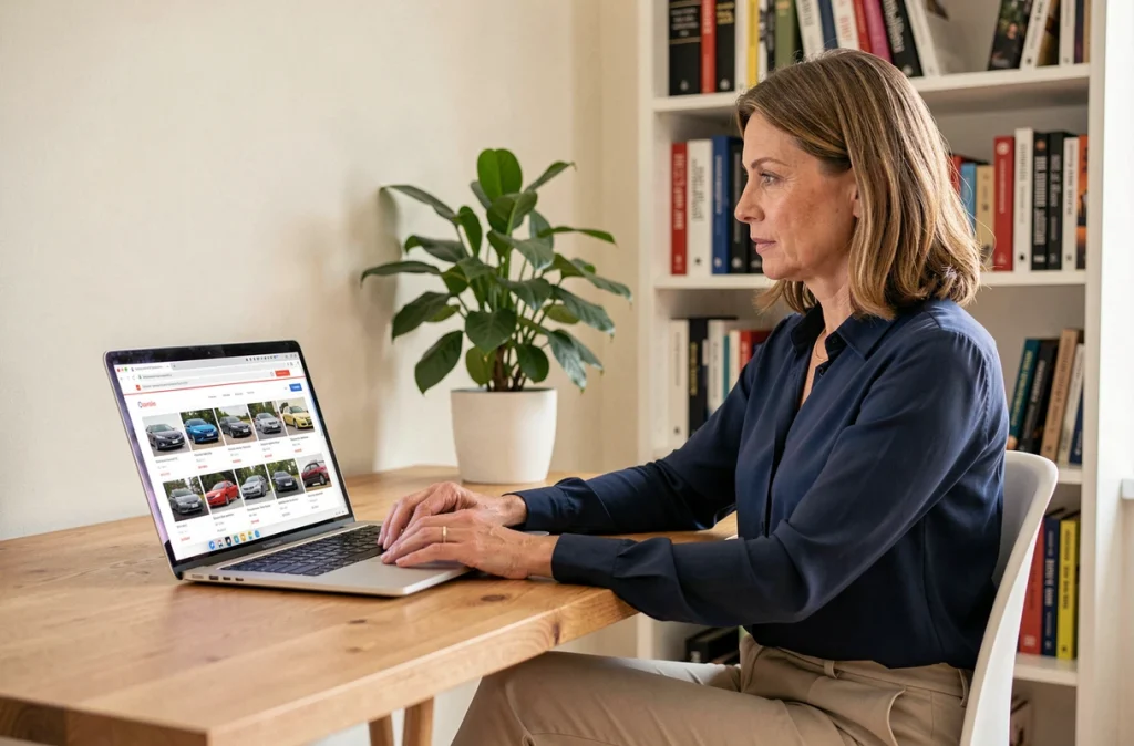Femme recherchant un modèle de voiture sur un site de liste automobile depuis son bureau à domicile