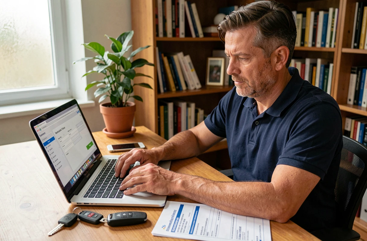 Homme complétant une demande d'assurance auto temporaire en ligne depuis son bureau à domicile