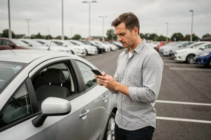 Homme consultant la liste de voitures sur Pifauto.com depuis son smartphone dans un parc automobile d'occasion