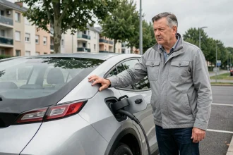 Homme debout près d'un SUV hybride rechargeable branché à une borne de recharge en ville, réfléchissant à l'achat d'un véhicule propre dans le contexte de la ZFE