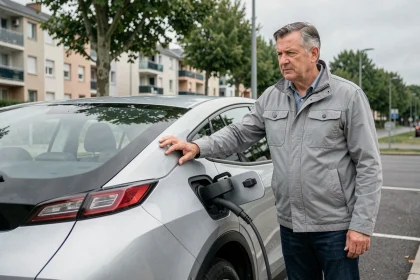 Homme debout près d'un SUV hybride rechargeable branché à une borne de recharge en ville, réfléchissant à l'achat d'un véhicule propre dans le contexte de la ZFE