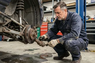 Mécanicien inspectant la timonerie de direction et les rotules de direction sur une voiture levée dans un garage automobile professionnel