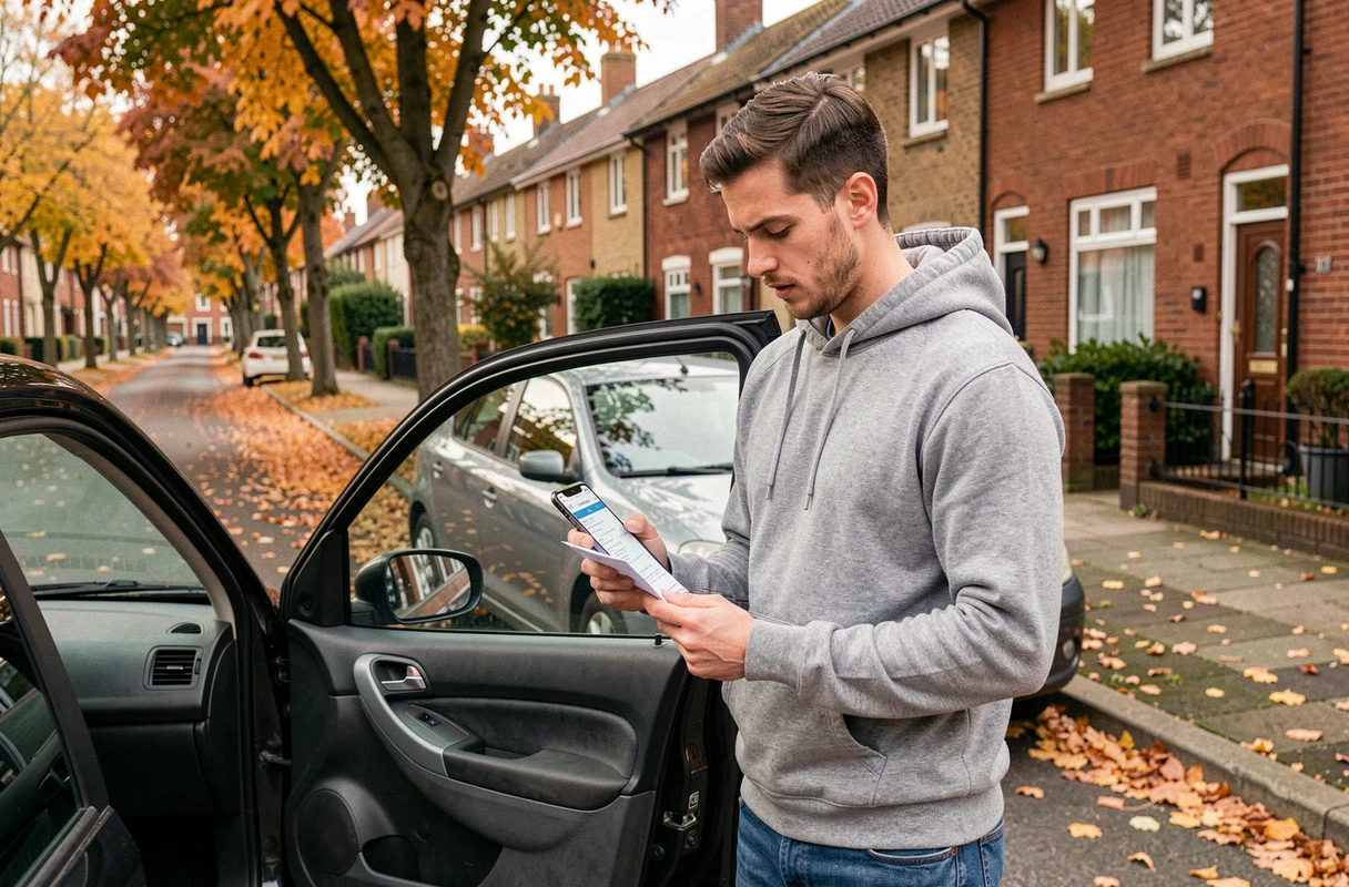 Jeune homme consultant un document d'assurance auto provisoire au bord de la route lors d'un changement de véhicule