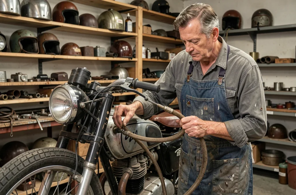 Mécanicien spécialisé en restauration installant une durite Avia sur une moto ancienne dans un atelier vintage