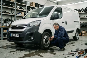 Mécanicien inspectant la suspension d'un Citroën Jumpy L2H2 en atelier pour réduire la hauteur du véhicule
