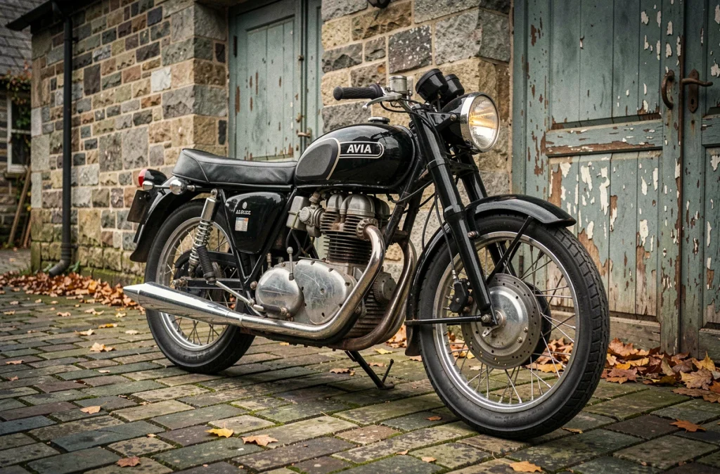 Moto anglaise classique des années 1960 équipée d'une durite de frein Avia tressée garée sur des pavés anciens