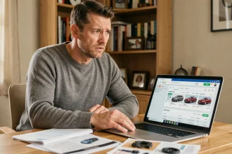Homme frustré devant son ordinateur après un problème de commande sur pieceauto24