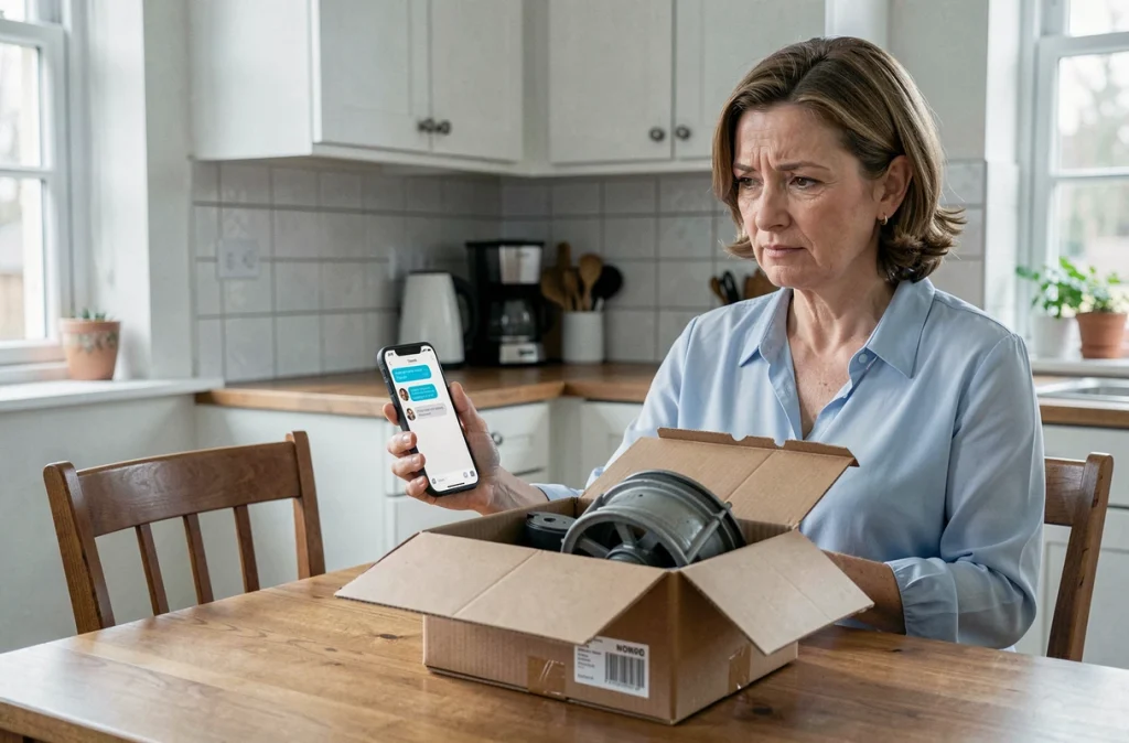 Femme contactant le service client pour un remboursement de commande de pièce auto incorrecte