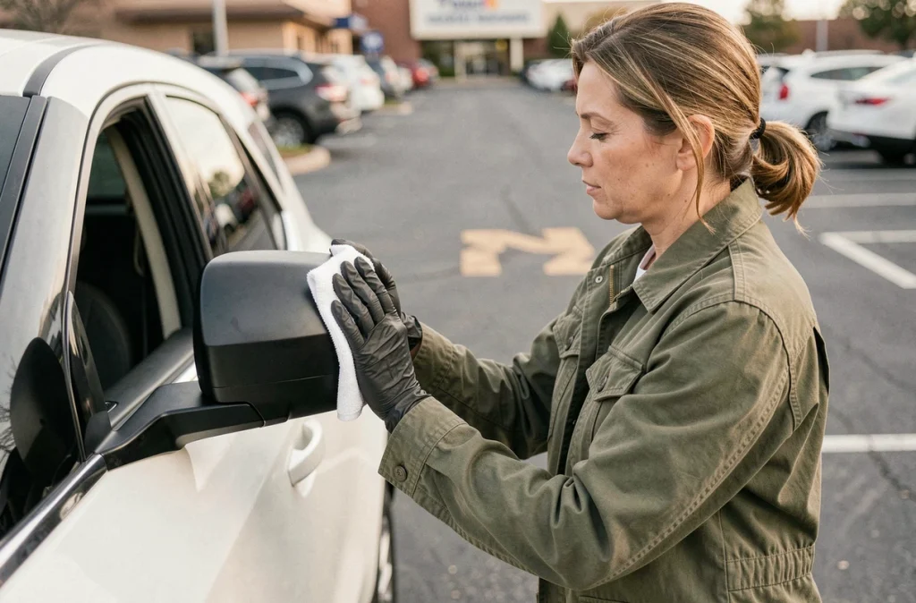 Femme rénovant le rétroviseur extérieur en plastique d'un SUV blanc avec un produit hydrophobe et un chiffon microfibre