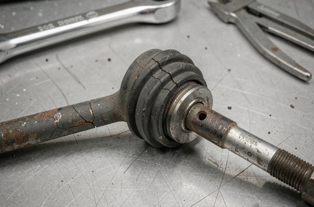 Gros plan sur une rotule de direction usée avec craquelures du soufflet et corrosion visible sur la timonerie de direction