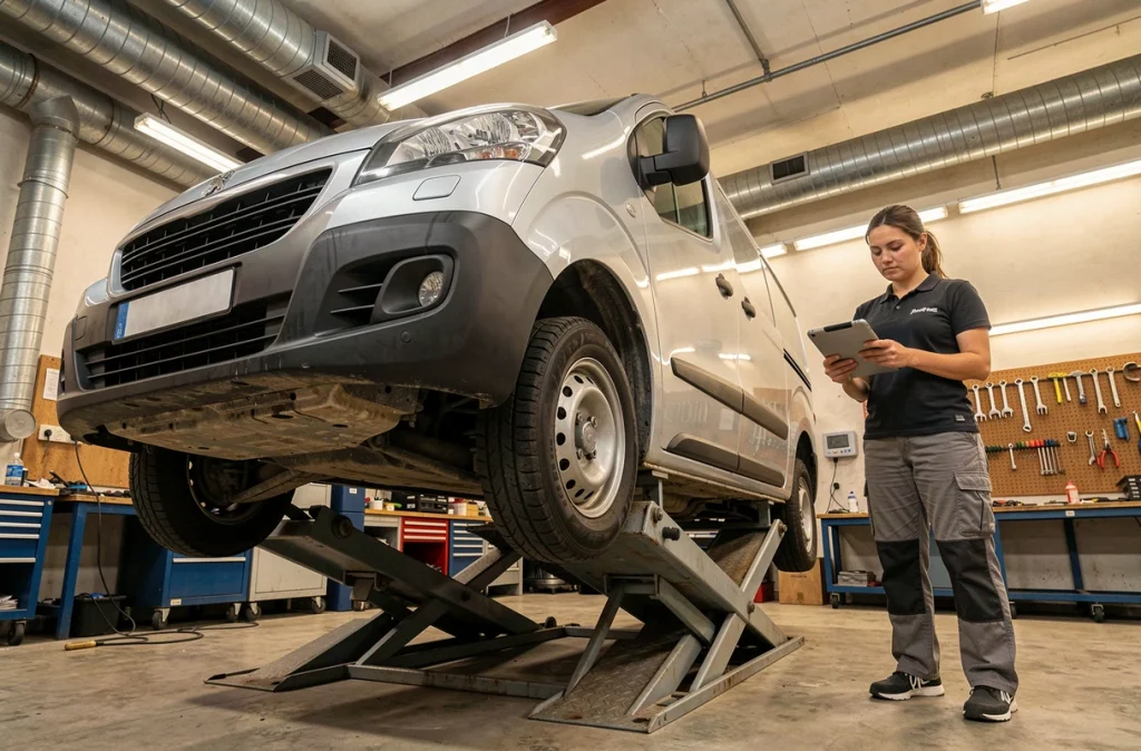 Vue sous-caisse d'un Peugeot Expert L2H2 sur pont élévateur pour analyse des suspensions et pneus adaptés