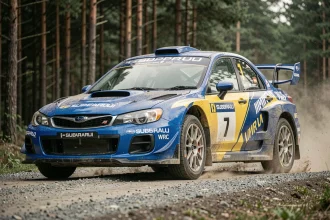Subaru Impreza WRC bleue et jaune sur une piste de gravier forestière, vue trois quarts avant montrant l'entrée d'air de toit et les ailes élargies
