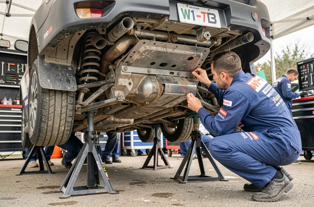 Mécaniciens inspectant le dessous de caisse d'une Subaru WRC sur vérins dans un parc d'assistance de rallye, châssis renforcé et bouclier de protection visibles