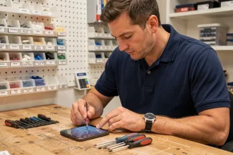 Technicien professionnel examinant un smartphone dans un atelier de réparation agréé pour préserver la garantie