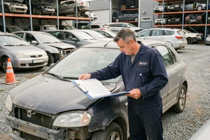Technicien de casse automobile inspectant un véhicule hors d'usage dans un centre de démolition agréé en Essonne
