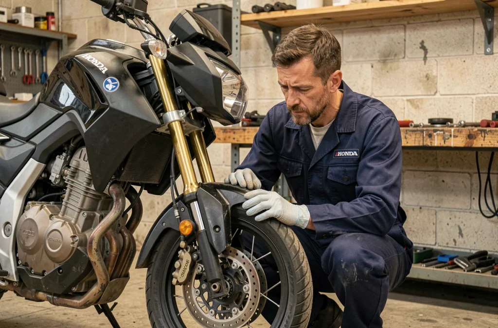 Mécanicien inspectant les fourches et l'étrier de frein d'une Honda CB 500X d'occasion dans un atelier indépendant