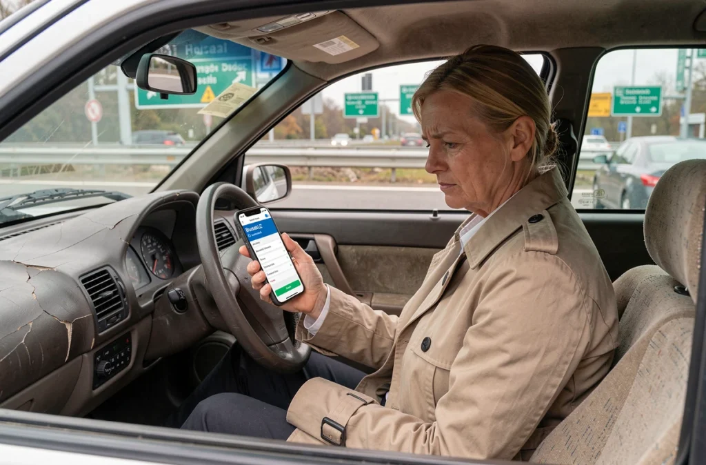 Femme vérifiant sur smartphone si sa vieille voiture est autorisée à circuler à Bruxelles depuis l'habitacle