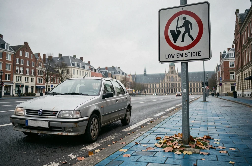 Vieille voiture approchant un panneau de zone de basses émissions à l'entrée de Bruxelles