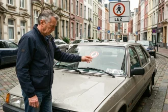 Homme examinant la vignette de zone de basses émissions sur une vieille voiture garée dans une rue bruxelloise pavée
