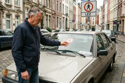 Homme examinant la vignette de zone de basses émissions sur une vieille voiture garée dans une rue bruxelloise pavée