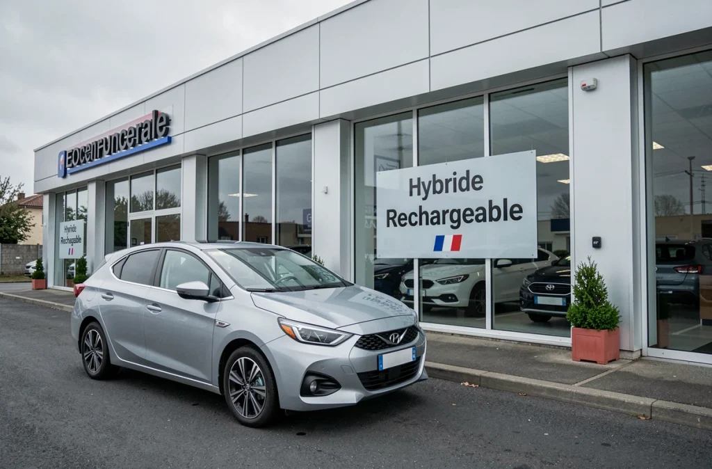 Voiture hybride rechargeable garée devant la vitrine d'un concessionnaire automobile français proposant des offres sur les véhicules hybrides après l'annulation de la ZFE