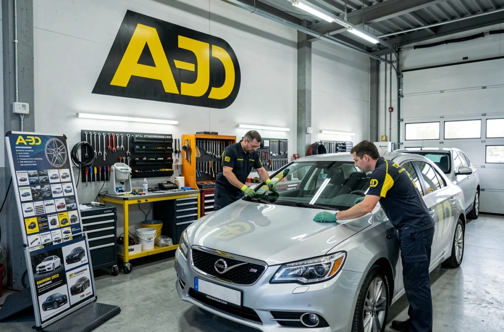 Atelier AD Martial Sauvalle Adhérent montrant la signalétique du réseau et des techniciens au travail à Rouen