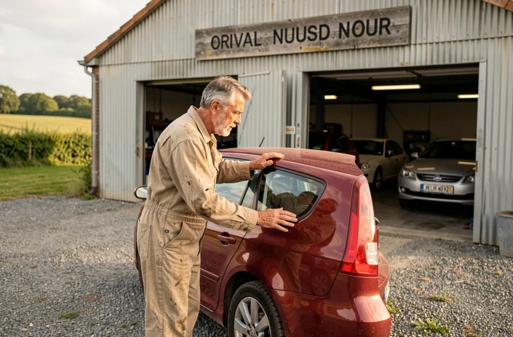 Mécanicien-carrossier d'ALP Automobile examinant la carrosserie d'un véhicule rouge dans le garage d'Orival