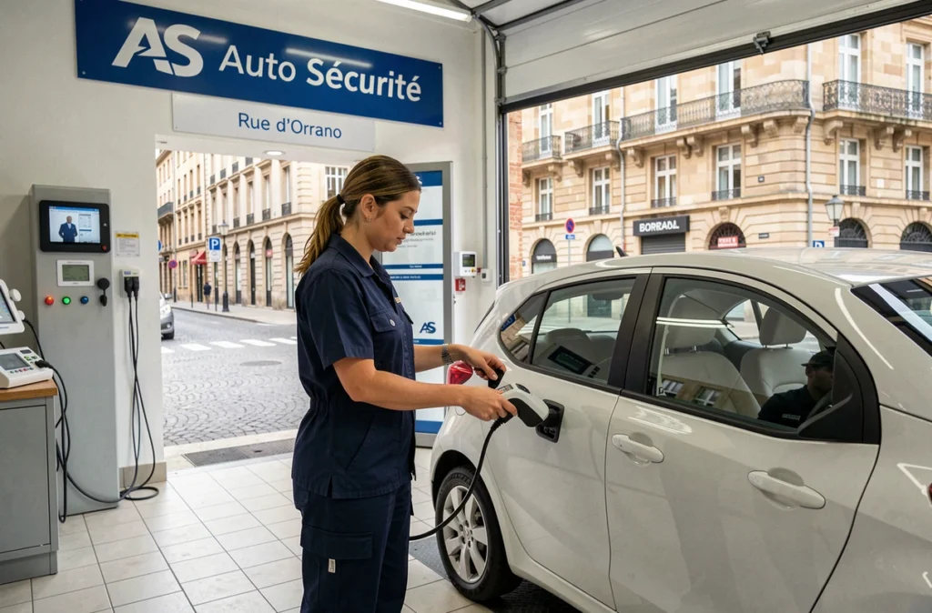 Technicienne AS Auto Sécurité effectuant un diagnostic sur un véhicule au centre de contrôle Bordeaux d'Ornano