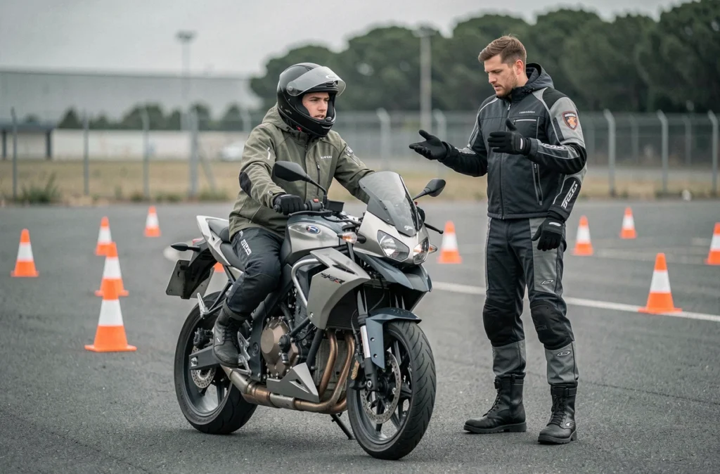 Élève motard avec moniteur sur la piste d'entraînement de l'Auto Moto Boat School Richter à Montpellier