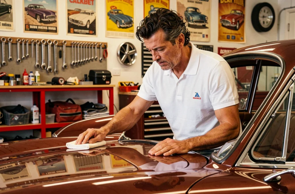Passionné et carrossier d'Auto Passion polissant méticuleusement l'aile d'un véhicule classique restauré dans un garage soigné