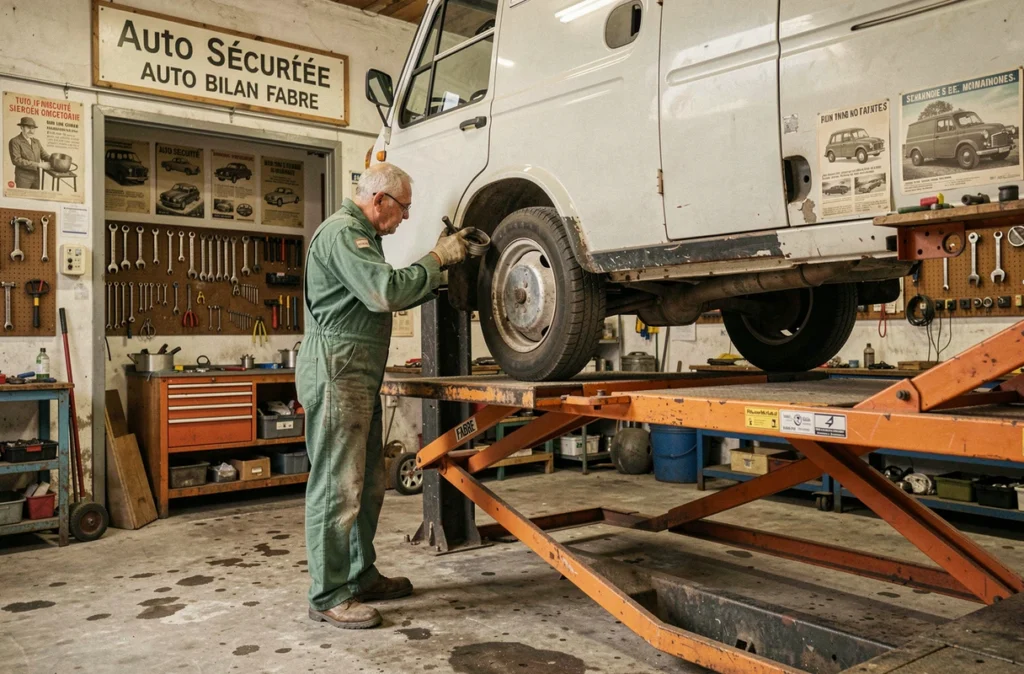 Technicien expérimenté inspectant le système d'échappement d'un véhicule au garage Auto Bilan Fabre