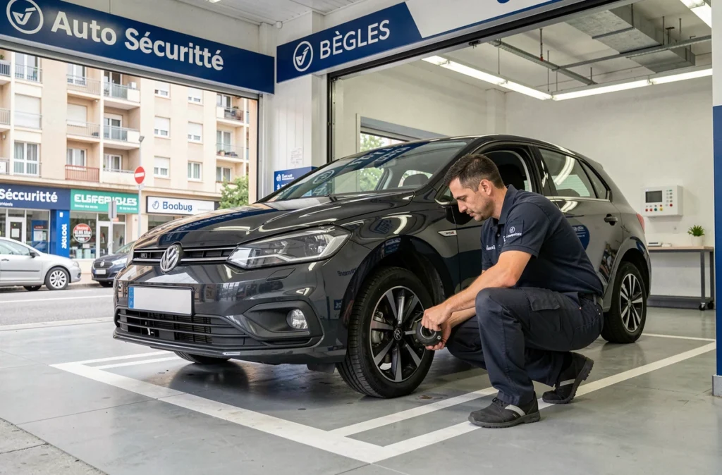 Technicien Auto Sécurité inspectant la suspension d'un véhicule compact au centre de contrôle technique de Bègles