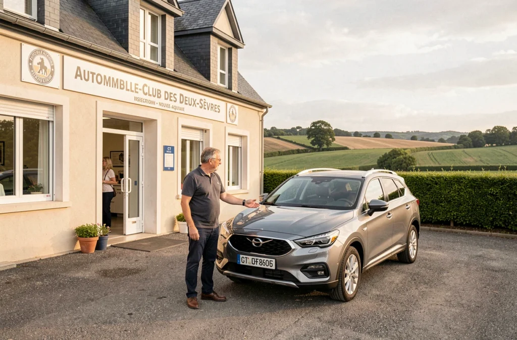 Agent de l'Automobile-Club des Deux-Sèvres accueillant une automobiliste devant le centre de contrôle technique dans le bocage poitevin