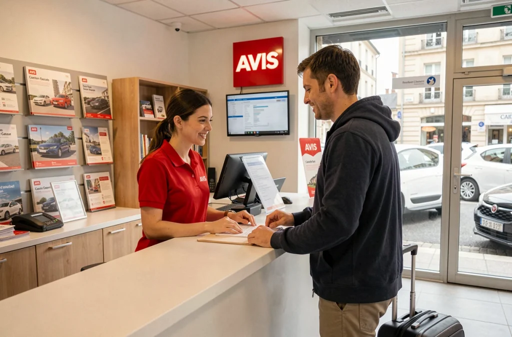 Agent de l'agence Avis Caen traitant une réservation de voiture pour un client avec valise