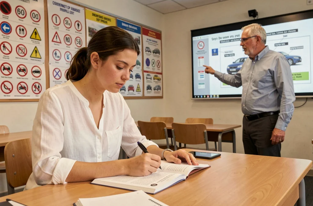 Étudiante révisant le code de la route dans une salle de cours de l'auto-école Becuwe Vincent à Montpellier
