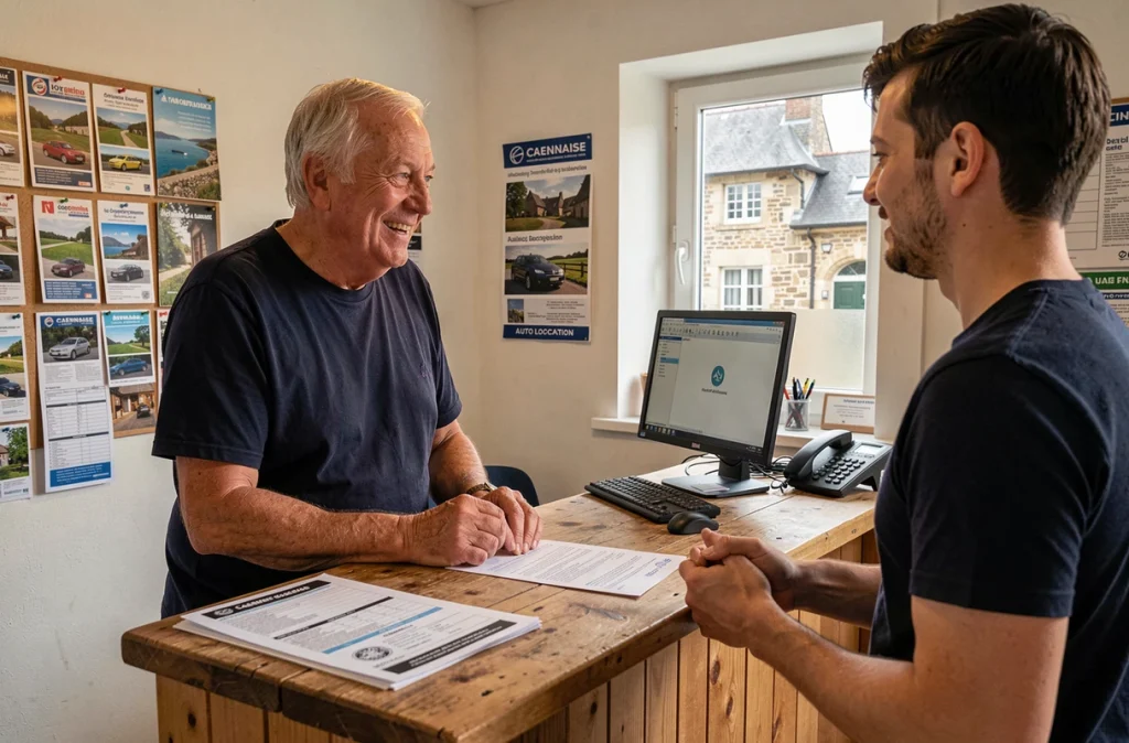 Propriétaire de l'agence Caennaise Auto Location accueillant un jeune client dans sa petite agence indépendante à Caen