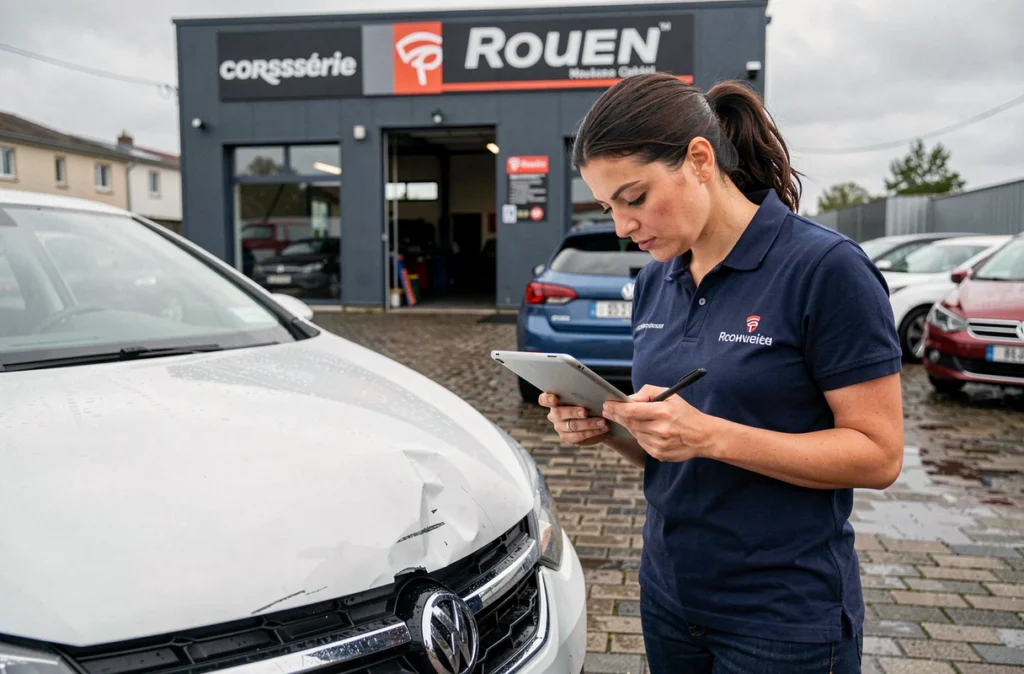 Experte en carrosserie de Carl'Auto inspectant les dommages sur un véhicule blanc à Rouen