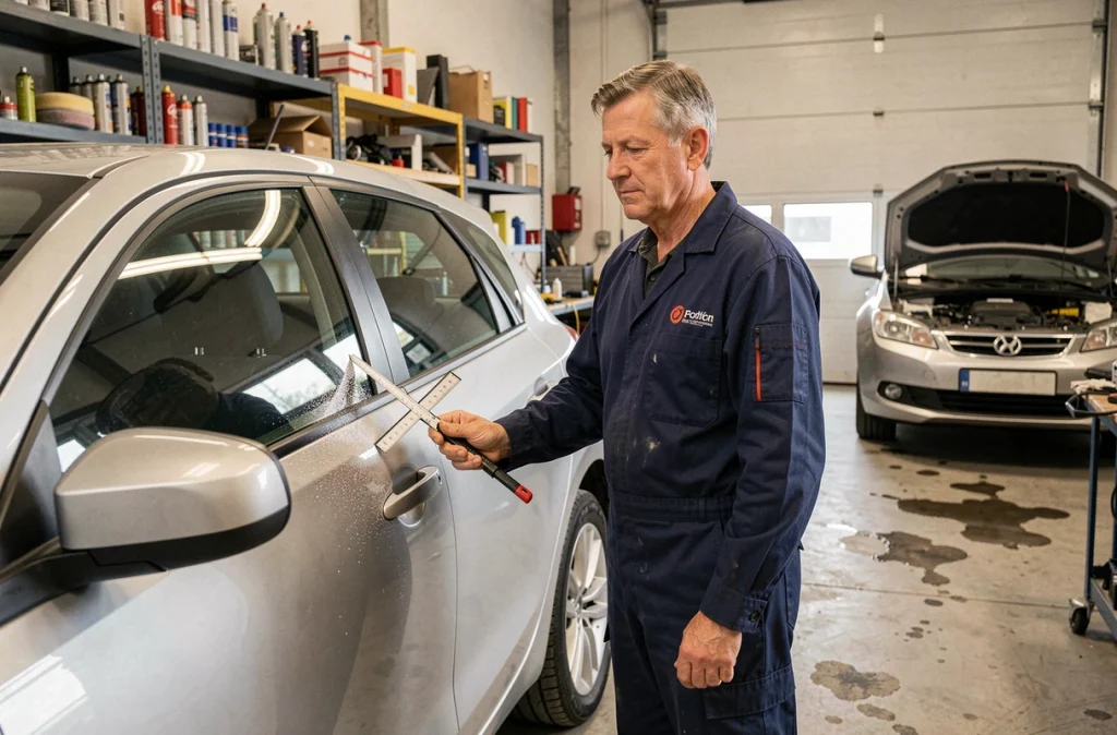 Carrossier professionnel évaluant une rayure sur une voiture argentée dans un atelier de carrosserie